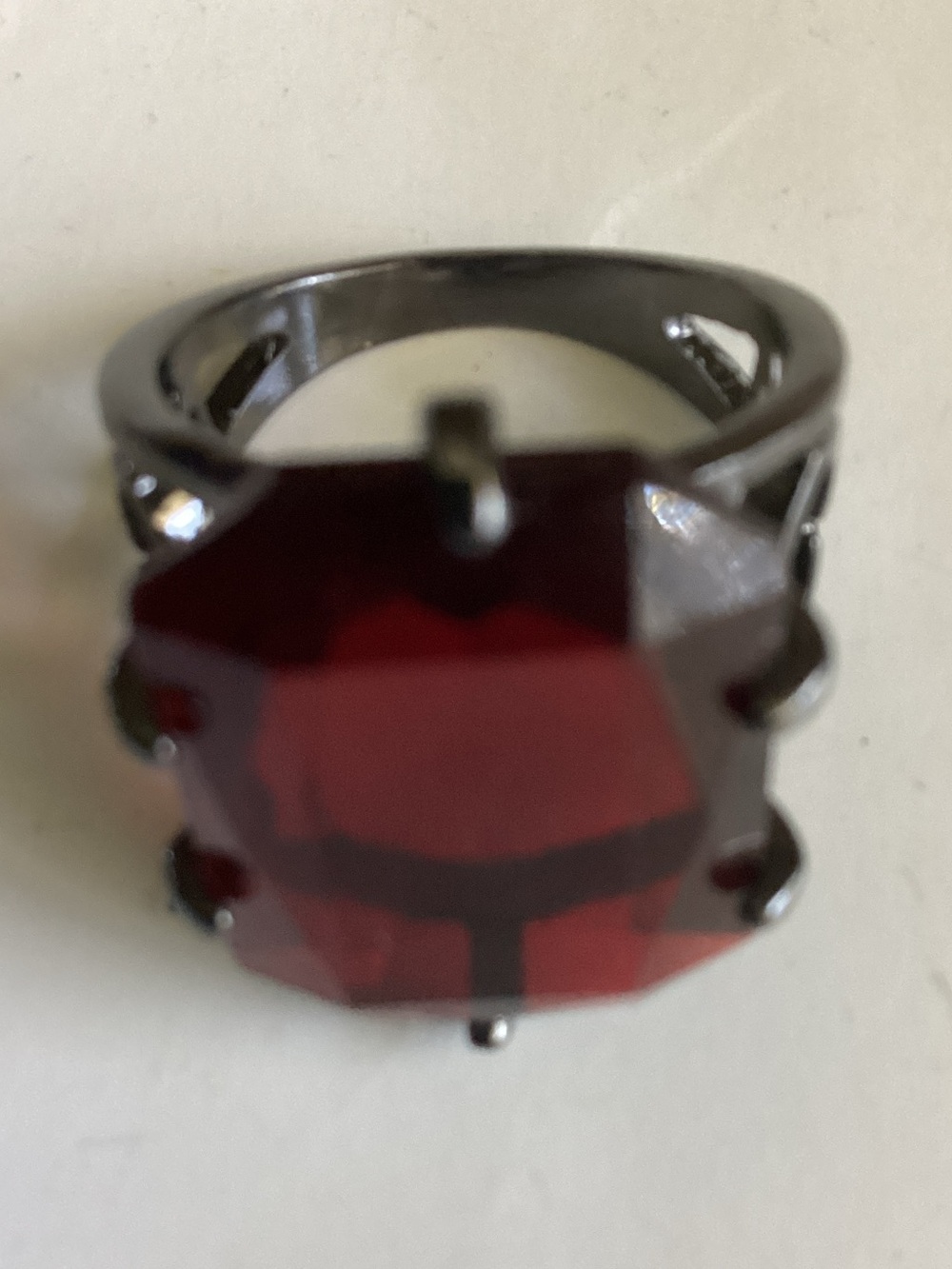 Women's Gunmetal Ring with Deep Red Octagon Stone